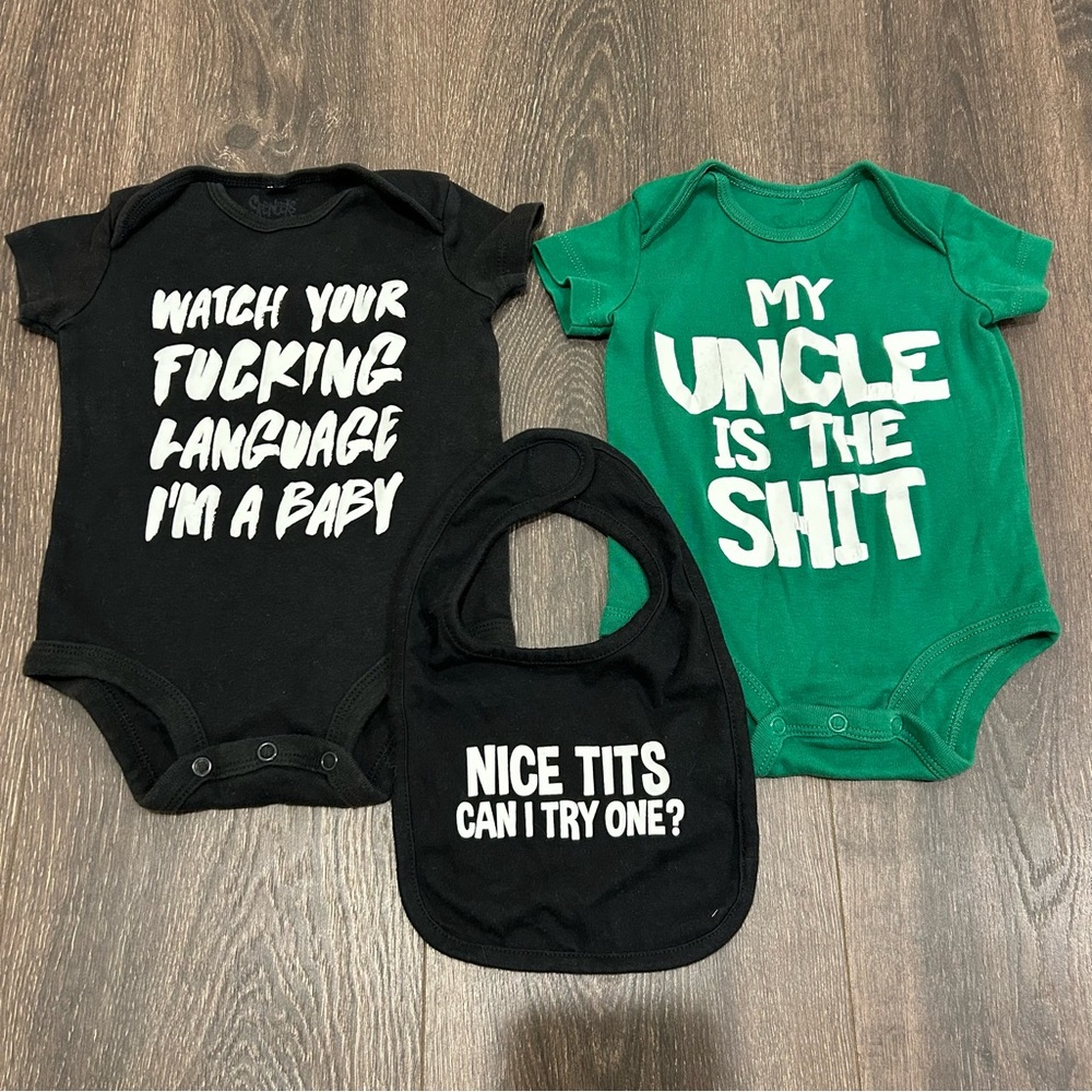 NSFW Spencer’s Funny Graphic Baby Onesies & Bib Set Lot 100% Cotton 6M